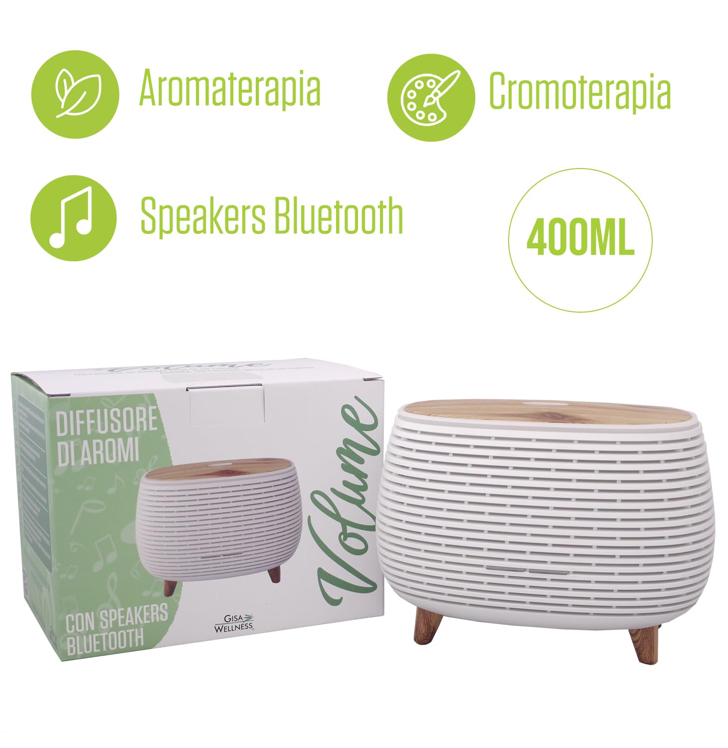 Gisa Wellness - VOLUME - Diffusore di Aromi ad Ultrasuoni - con Tecnologia Bluetooth - per Aromaterapia e Cromoterapia [Colori Luci LED] - Soggiorni, Uffici, Relax