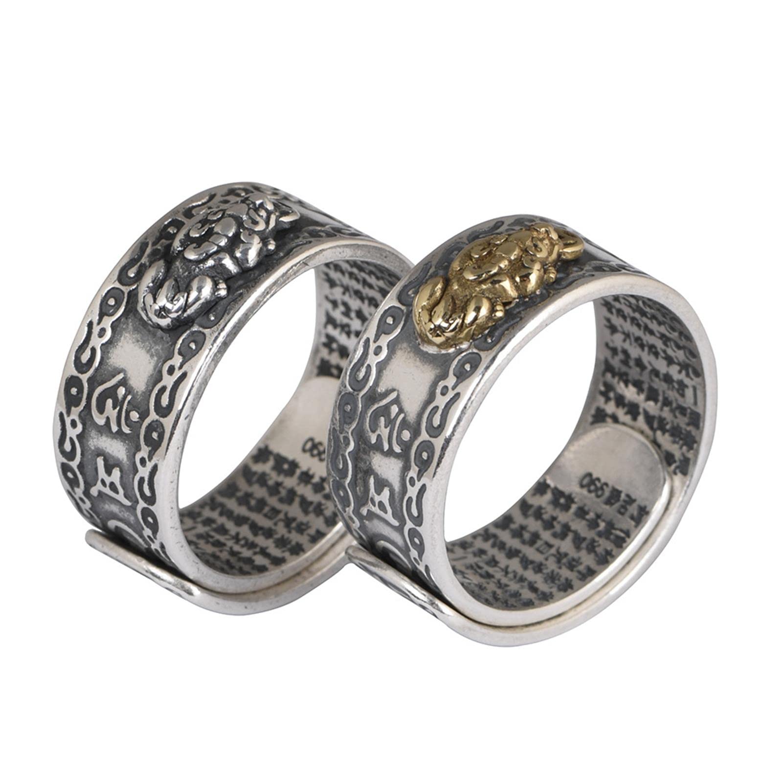 2pcs Feng Shui Ring S990 Stering Silber Pixiu Mantra Ring Schutz Reichtum Einstellbare Ringe Geschenk für Männer Frauen (mit Geschenkbox)