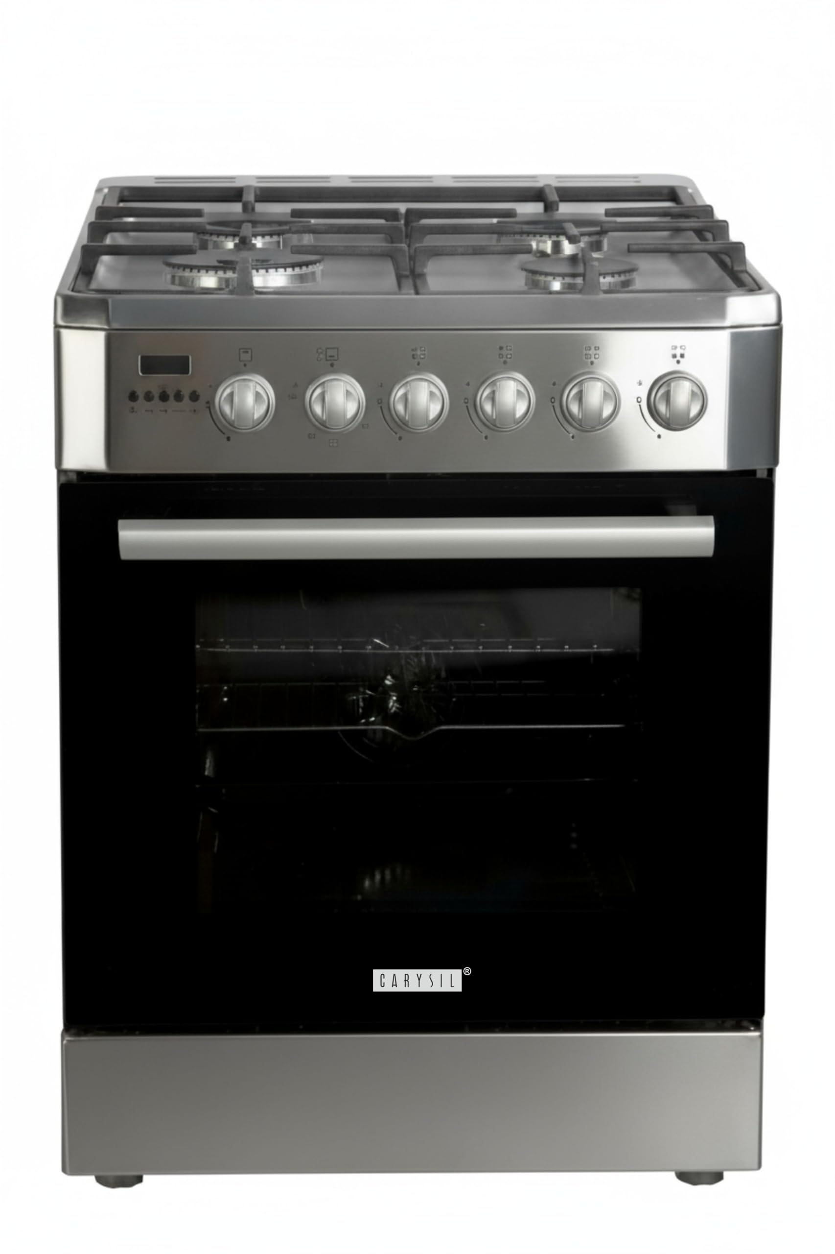 Carysil Free-Standing Cooking Range FSCR-01, 62L Gas Oven, 4 High-Power Italian SABAF Burners, Cast Iron Support, Digital Timer, Cooking, Baking, Grilling & Roasting, Stainless Steel Body, Silver