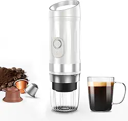 Máquina de café expresso portátil, aquecimento automático de 3 minutos, 12 V, recarregável, 20 Ba, compatível com cápsulas NS DG e GroundCoffee para acampamento, viagens, trailers, caminhadas e