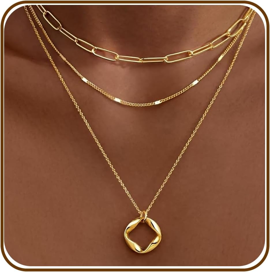 Layered Gold Necklaces for Women, Stackable Dainty 14K Gold Silver Plated Trendy Simple Heart Diamond Cross Bow Circle Pendant Paperclip Choker Dot Chain Necklace,Jewelry Set Gifts for Women