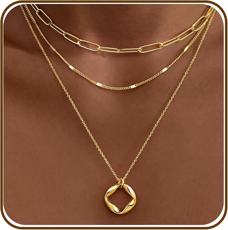Layered Gold Necklaces for Women, Stackable Dainty 14K Gold Silver Plated Trendy Simple Heart Diamond Cross Bow Circle Pendant Paperclip Choker Dot Chain Necklace,Jewelry Set Gifts for Women