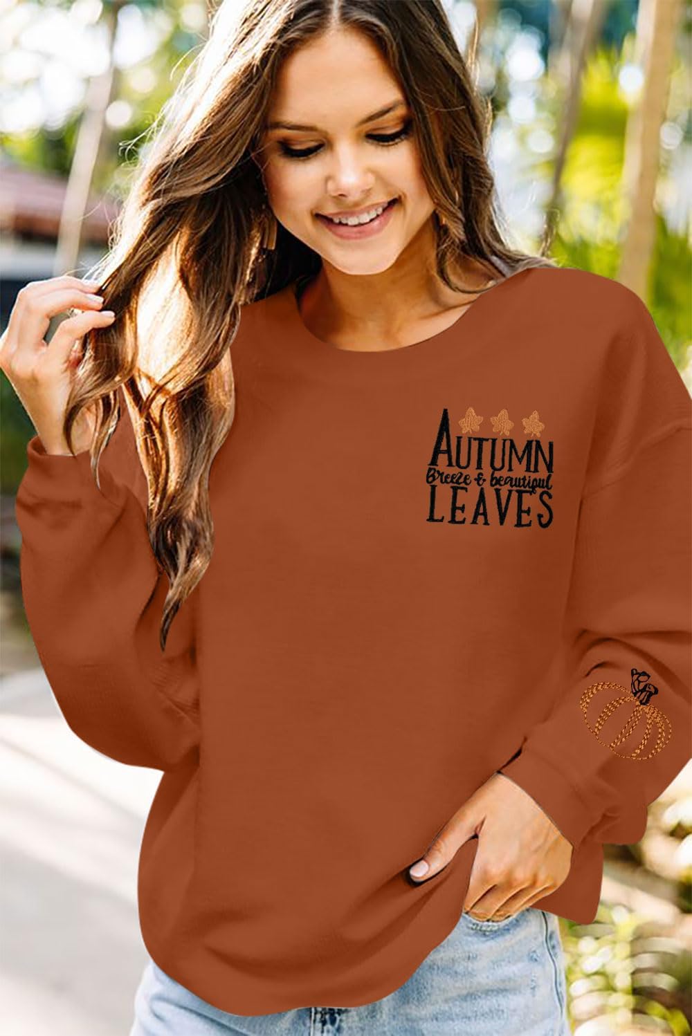 ALLTB Fall Sweatshirts for Women Embroidered Tops: Maple Leaf Crewneck Sweatshirt Casual Long Sleeve Pullover