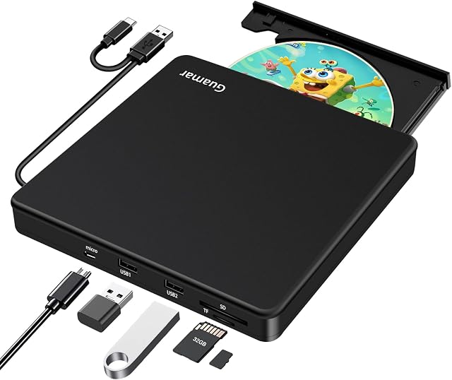 Guamar External CD/DVD Drive for Laptop: USB C CD Burner DVD Player for Mac MacBook Portable Optical Disk Reader for PC Windows 11 Computer with SD/TF Slot & USB Ports