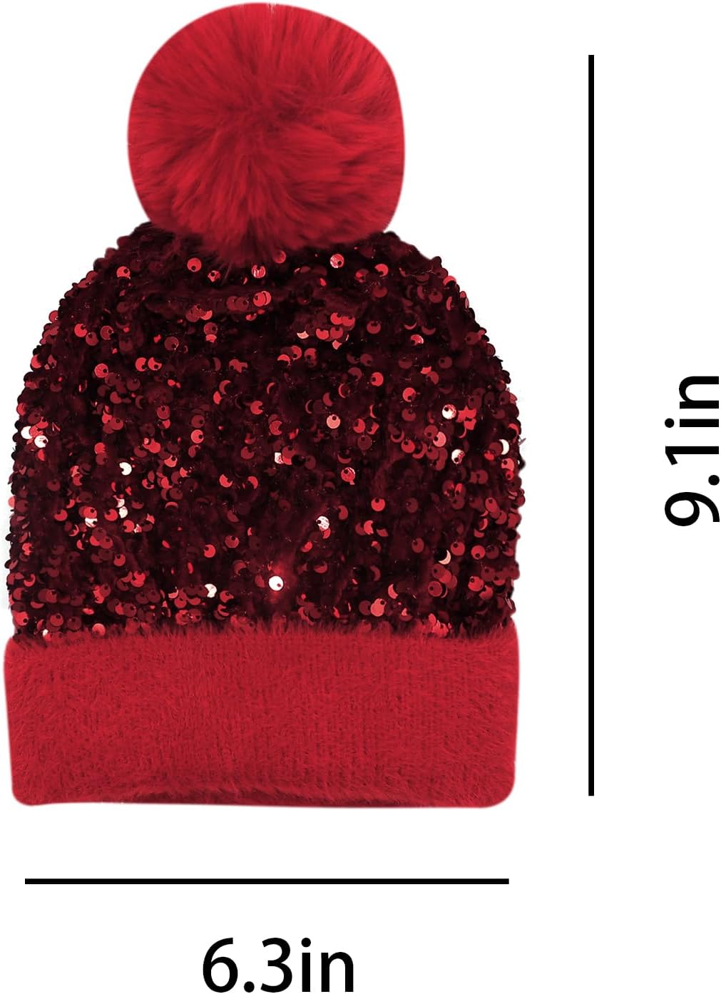 Women Girls Winter Sequin Beanie Hat with Faux Fur Pom Pom Knit Skull Cap - Image 2