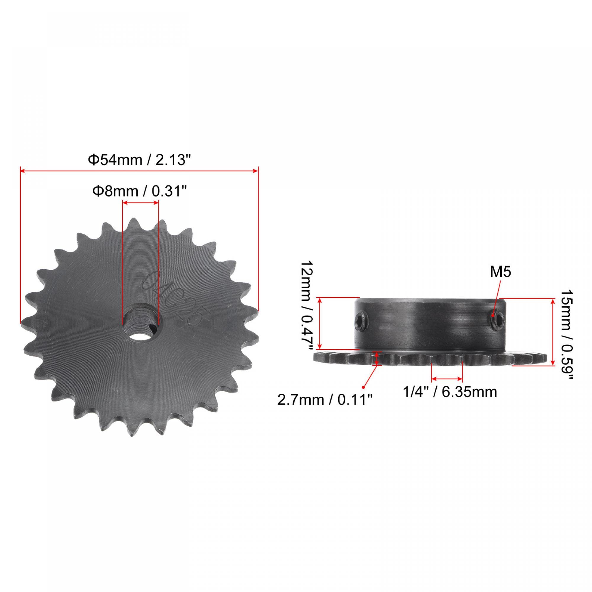 uxcell 25 Tooth Roller Sprocket B Type, #25 Chain, Single Strand 1/4" Pitch, 8mm Bore Black Oxide C45 Carbon Steel with Set Screws for ISO 04C — Amazon image 2