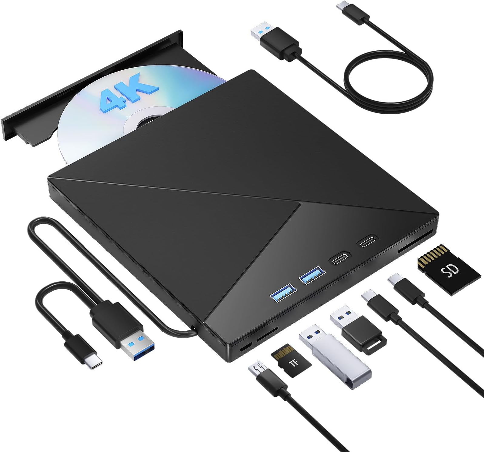 7 IN 1 External Blu Ray Drive, 4k Blu Ray Burner with USB 3.0 Type-C Portable Blu Ray Drive, CD DVD Burner 3D BD Player with SD/TF Ports, 4k Optical Drive Compatible with Windows MacOS Laptop Desktop