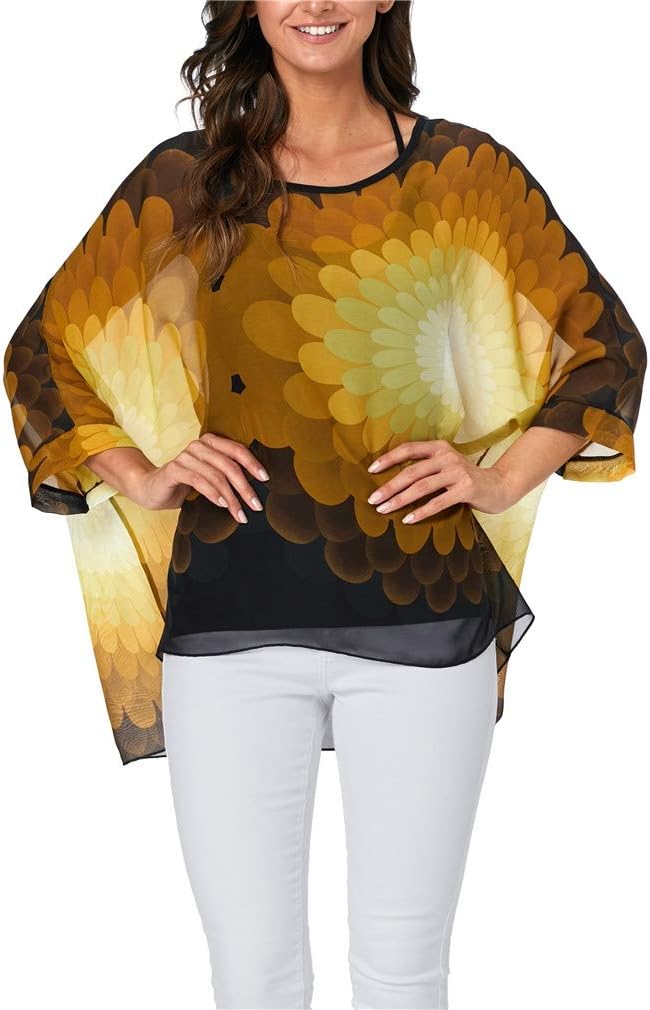 Womens Summer Printed Batwing Sleeve Top Chiffon Poncho Casual Loose Sheer Blouse Shirt - Image 2