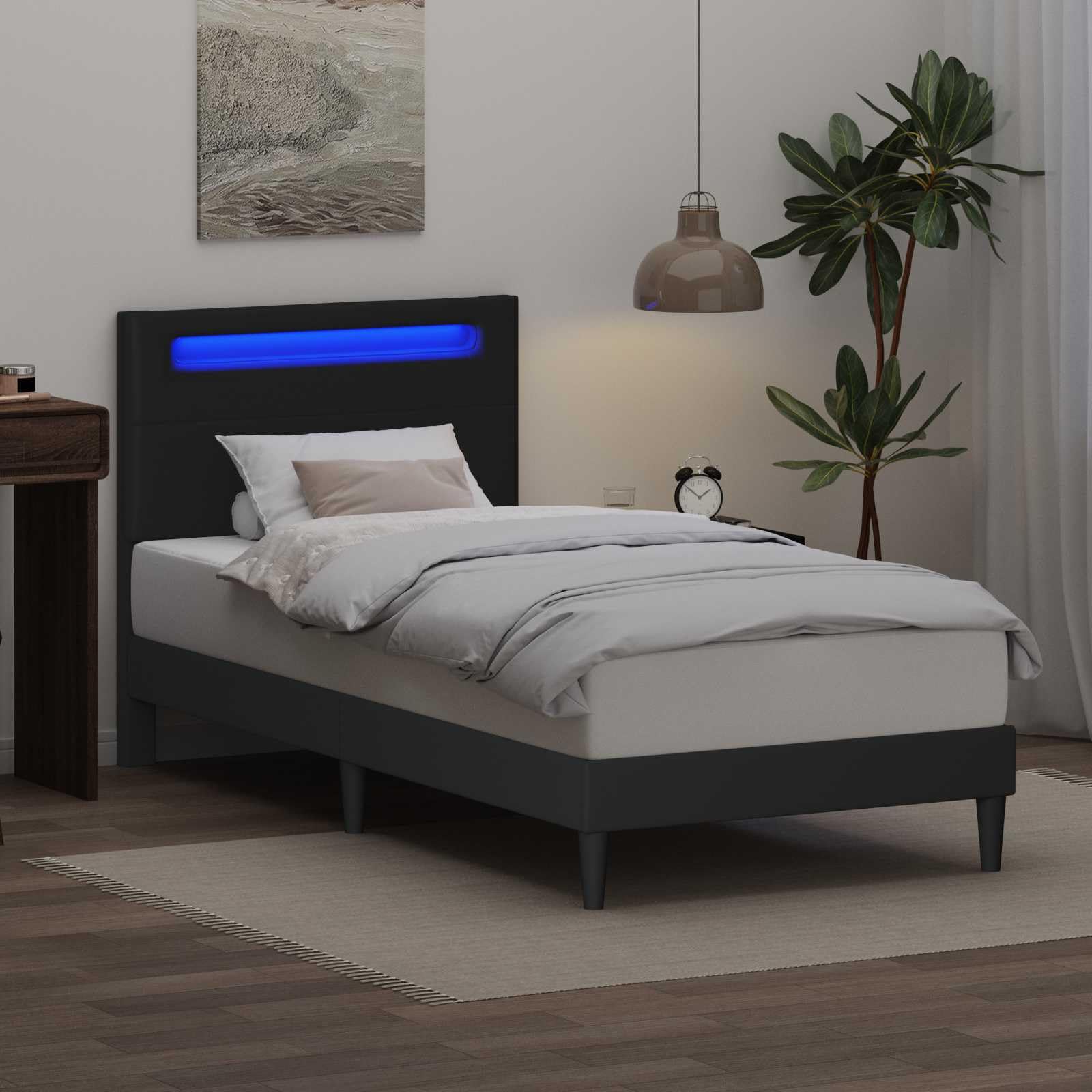 Marco de cama con tiras de luz LED, color negro, 90 x 190 cm, piel sintética, marco de cama moderno con fuente de alimentación USB para dormitorio, somier de láminas estable, patas de ahorro
