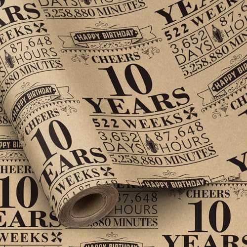 RUSPEPA Kraft Birthday Wrapping Paper Roll, Mini Roll, Black Cheers 10 Years Design with Weeks, Days, Hours, Minutes Print, Vintage Gift Wrap for Boys Girls, 10th Birthday Party, 17 Inches x 16.4 Feet