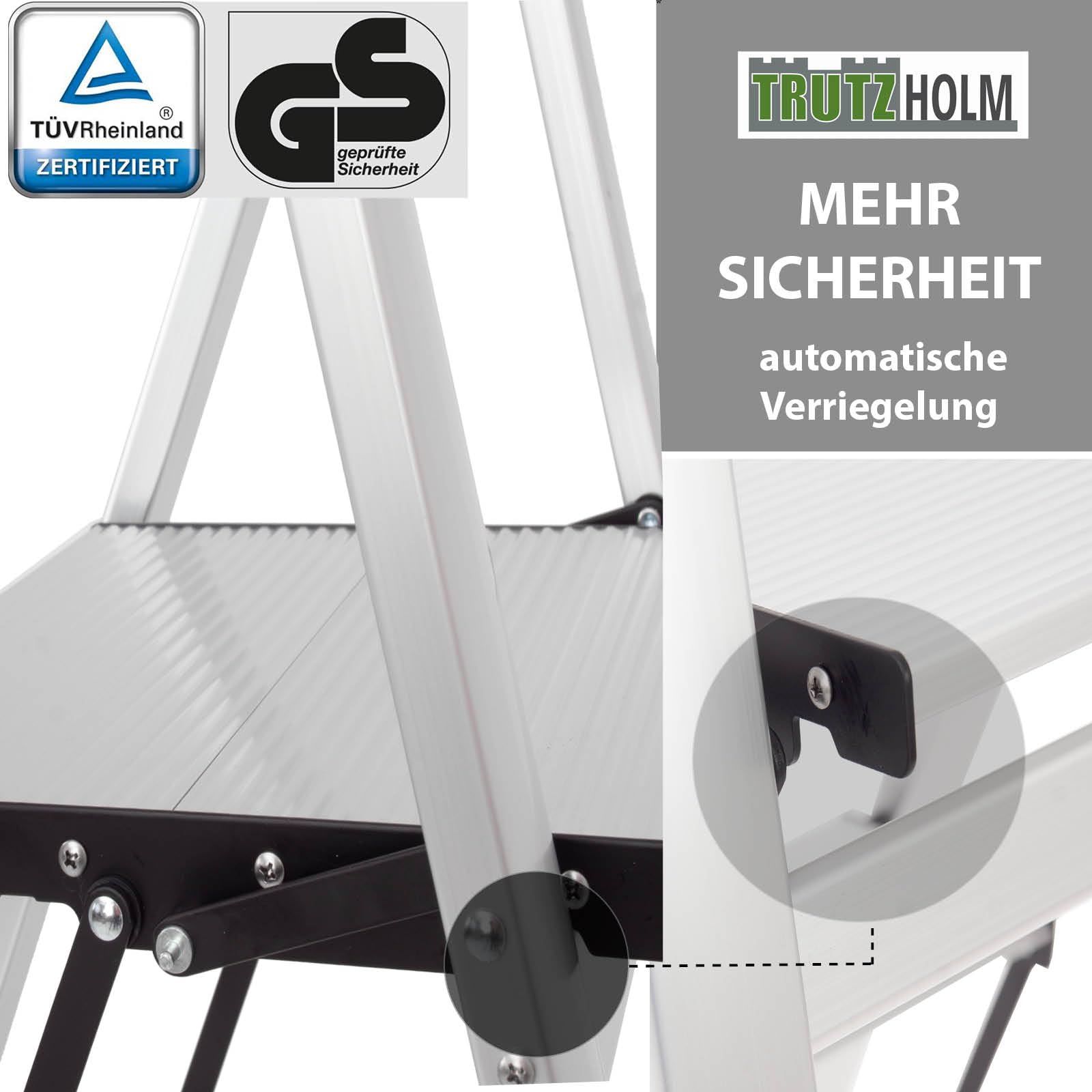 TRUTZHOLM Alu Trittleiter 4-stufig klappbar bis 150 kg Traglast Aluminium Silber Anti-Rutsch Trittflächen TÜV/GS Klapptritt 5,6 kg leicht platzsparend 5 cm schmal (Schwarz, 4 Stufen)