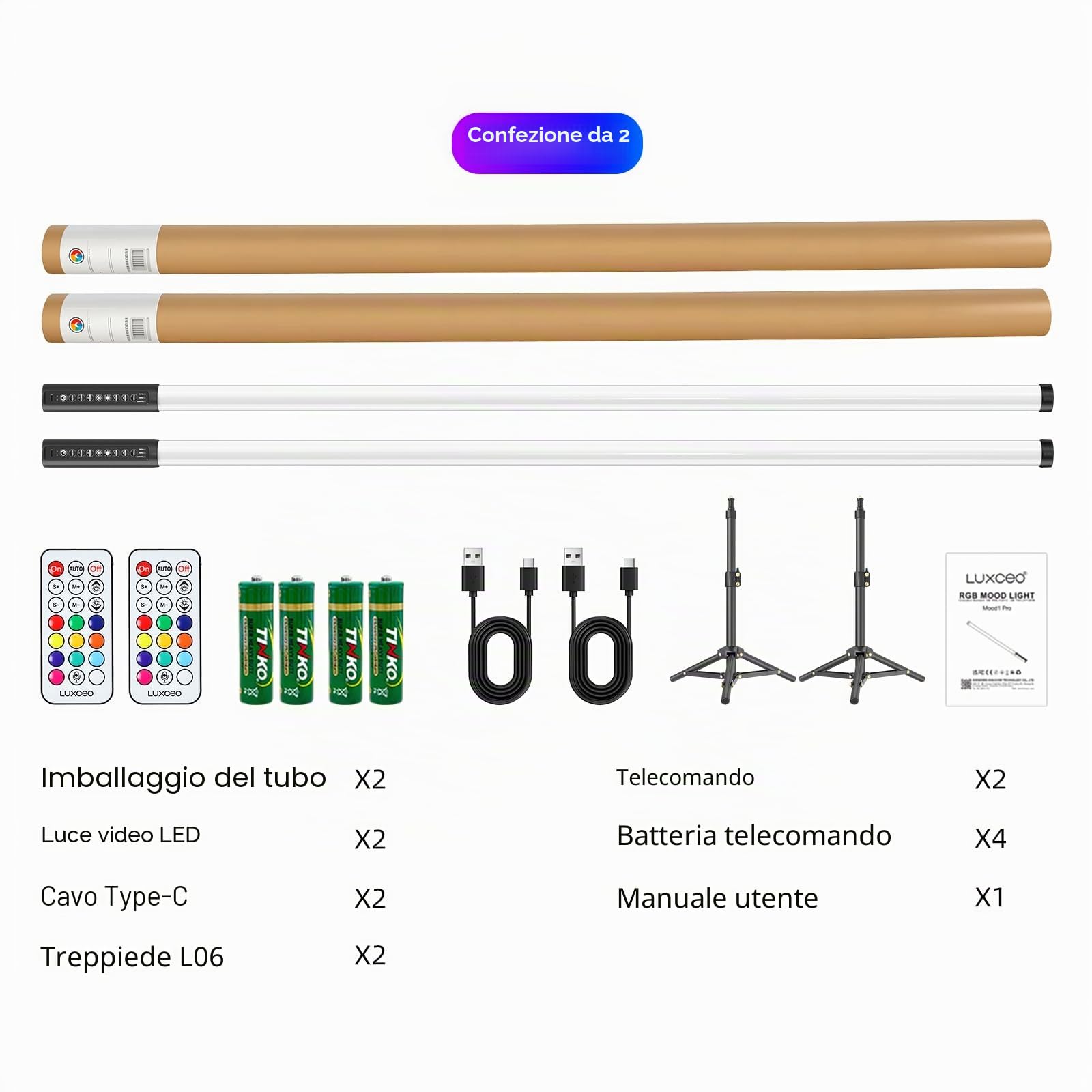 Luce video LED Mood1Pro da 2 pezzi da 120 cm con treppiede, luce fotografica portatile a LED, batteria da 5000 mAh e modalità musica, lampada fotografica RGB per YouTube,TikTok, feste,bar, fotografica