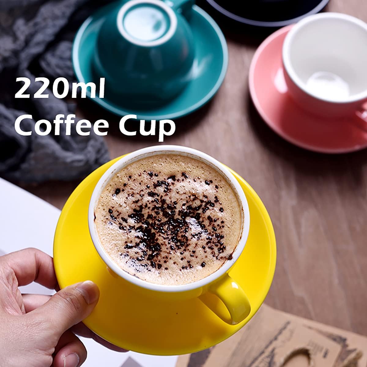 220ml Ceramic Coffee Cup Mug with Saucer, Simple European Style Mug Solid Color Glaze Cups for Latte, Cappuccino, Tea, Coffee,Black
