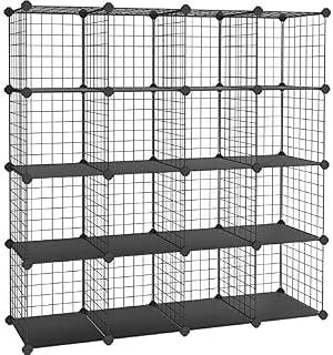 SONGMICS Wtyczka półki, 16 sześcianów metalowy system przechowywania drutu, szafka DIY i modułowa półka kratowa, z ramą z drutu, czarny LPI44H