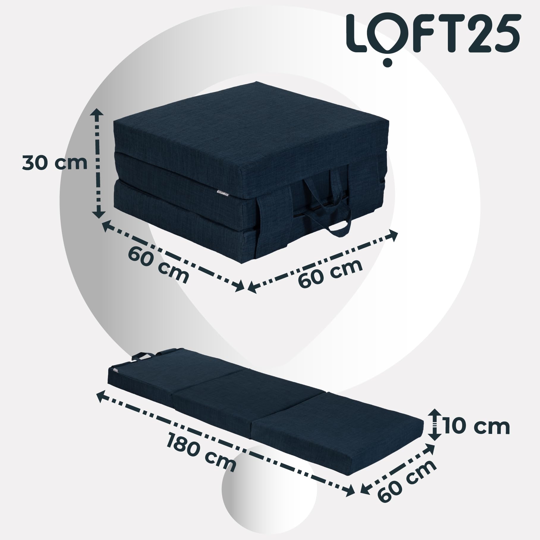 Loft 25 Matelas Pliant en Mousse Portable pour literie Simple | Poignées de Transport | Revêtement Effet Lin | Chambre à Coucher pour invités | Se replie pour Le Rangement (Minuit)