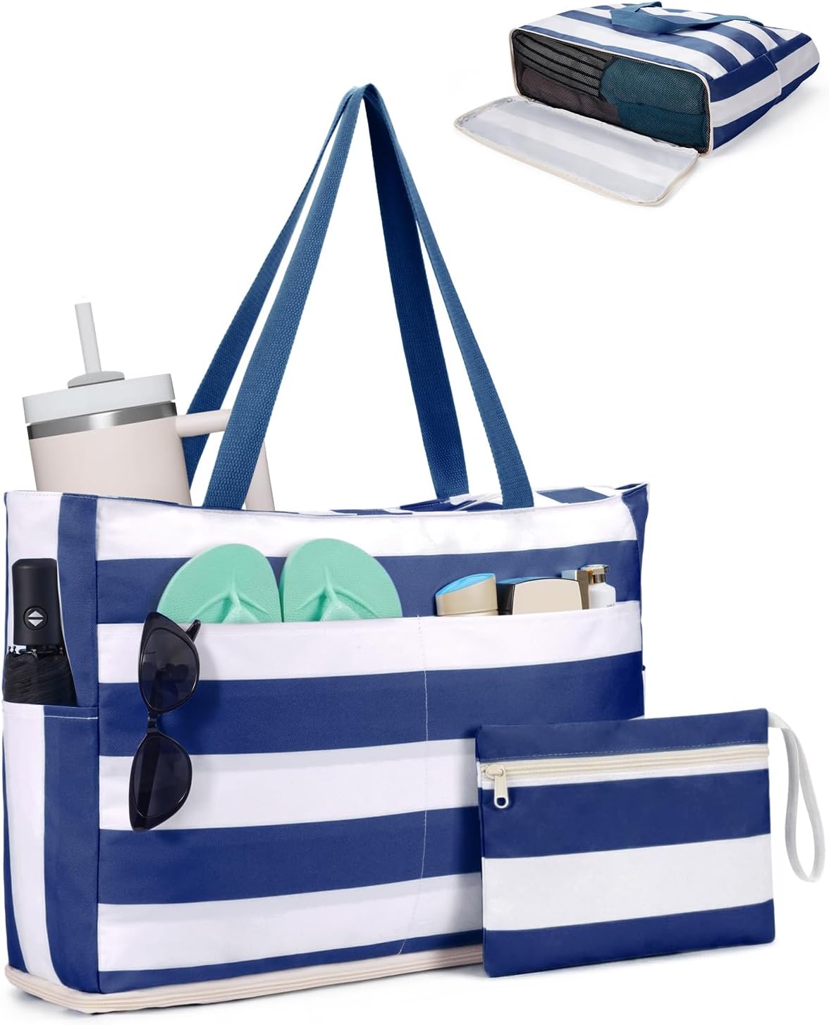 WANDF Beach Bags for Women, Large Waterproof Sandproof Beach Tote Bag with Zipper Family Pool Bags with 40oz Tumbler Pocket, Swim Cruise Vacation Essentials (Navy Blue) | 40oz Tumbler Pocket