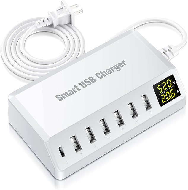 USB Charging Station, Familaha 7-Port USB Charger with USB-A & Type-C Multi USB Plug, LED Display USB Charging Hub for Multiple Devices iPhone 14 13 12 11 Pro Max, iPad Air Pro, Samsung Galaxy S21 S20