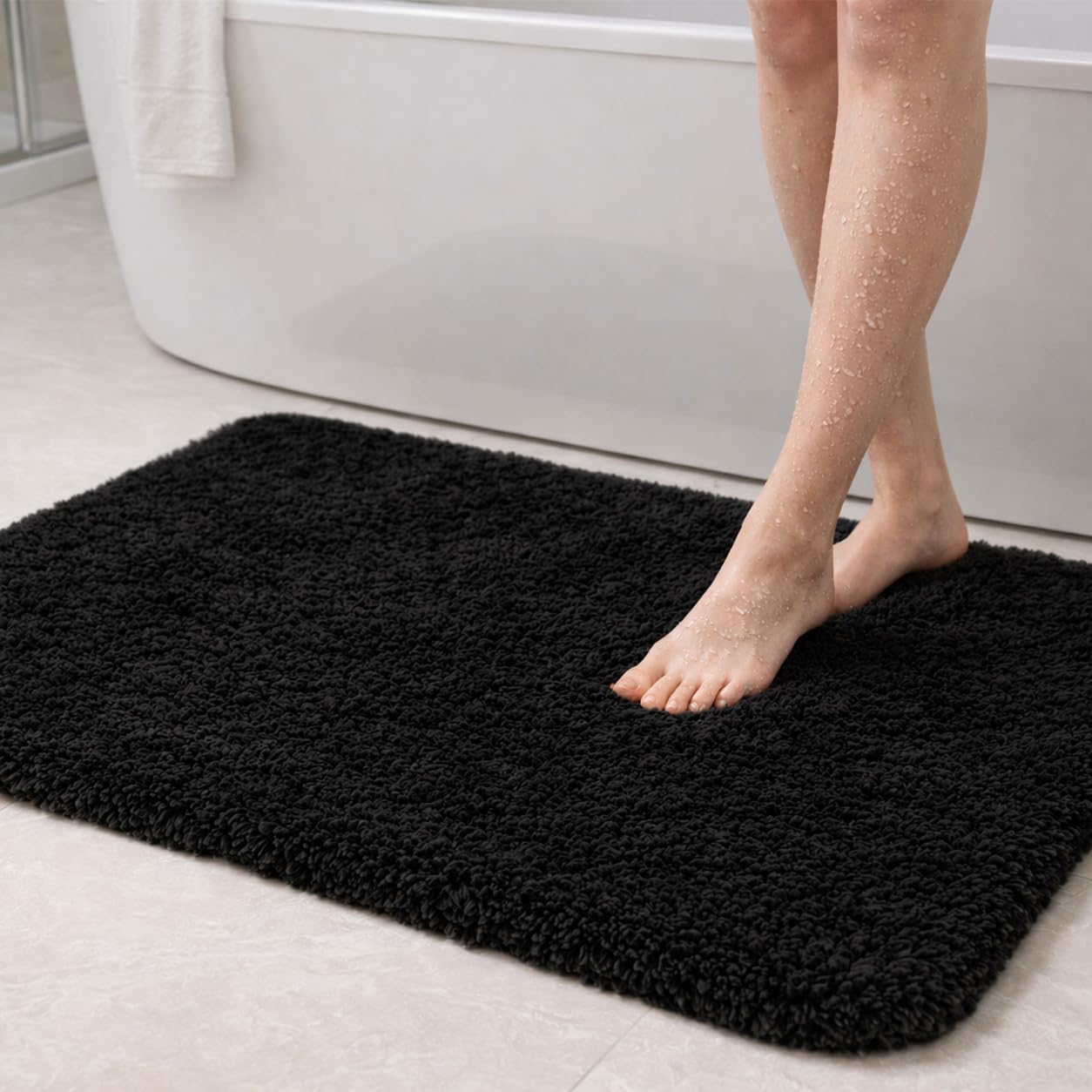 PUFFMAT Microfibre Bath Mat 90 x 60 cm Black, Absorbent Bathroom Rug with Soft Plush Pile and TPR Backing, Machine Washable Bathroom Mat for Shower, Bathtub, Toilet and Guest Bathroom