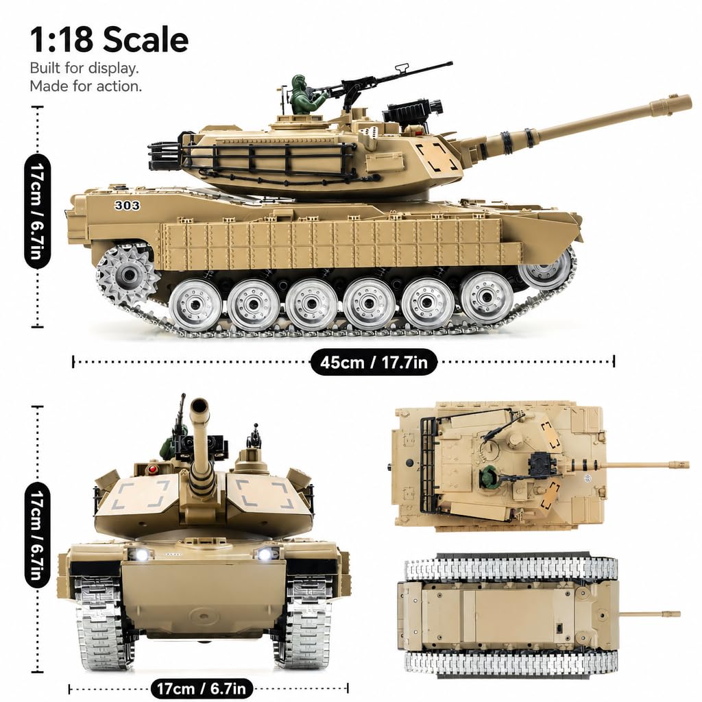 Carro Armato Telecomandato M1A2 1:18 – Cingoli Fumo Suono Luci Tiro Acqua 2.4GHz | Tank RC Giocattolo Militare Regalo Bambino 8 Anni | Kit Completo