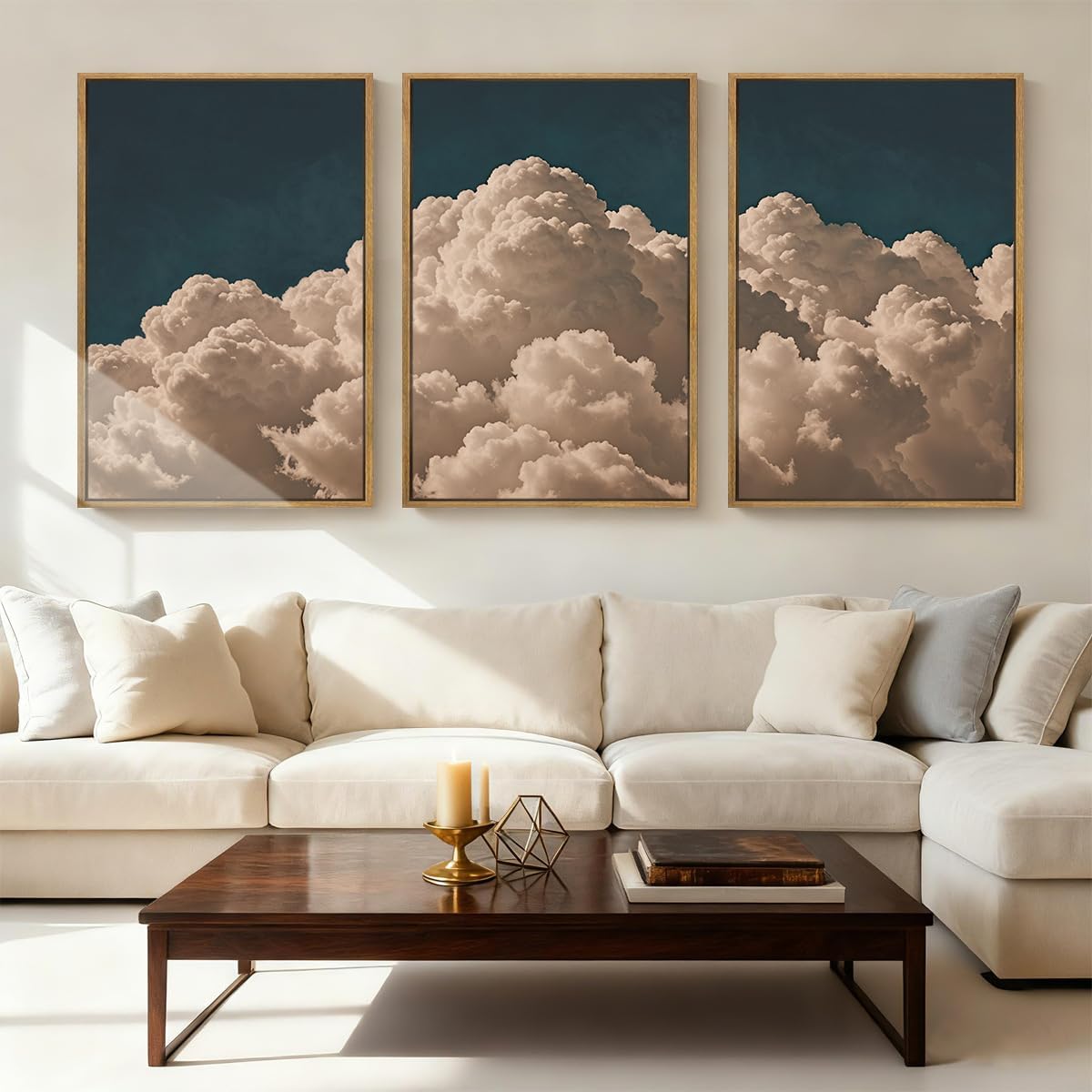 IARTTOP Large Framed Cloud Blue Wall Art 16x24 Inch Navy Cloud Canvas Painting Modern Abstract Sky Landscape Wall Decor for Living Room Bedroom Dining room Set of 3