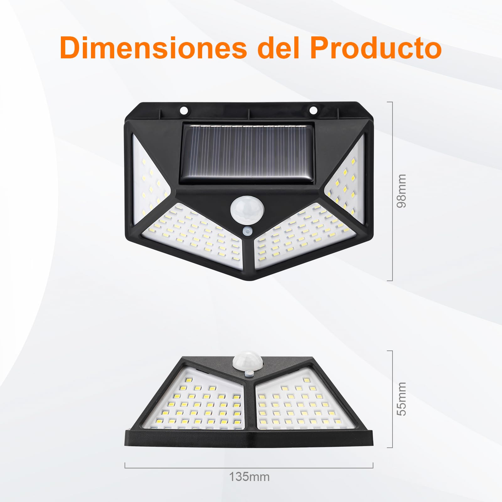 GRIFEMA Luz Solar Exterior para Jardín con Sensor de Movimiento, Focos LED Exterior Solares, Lámpara de Pared Solar Impermeable 100 LEDs, 3 Modos, Ángulo 270°, IP65, Batería 800mAh, GDK203