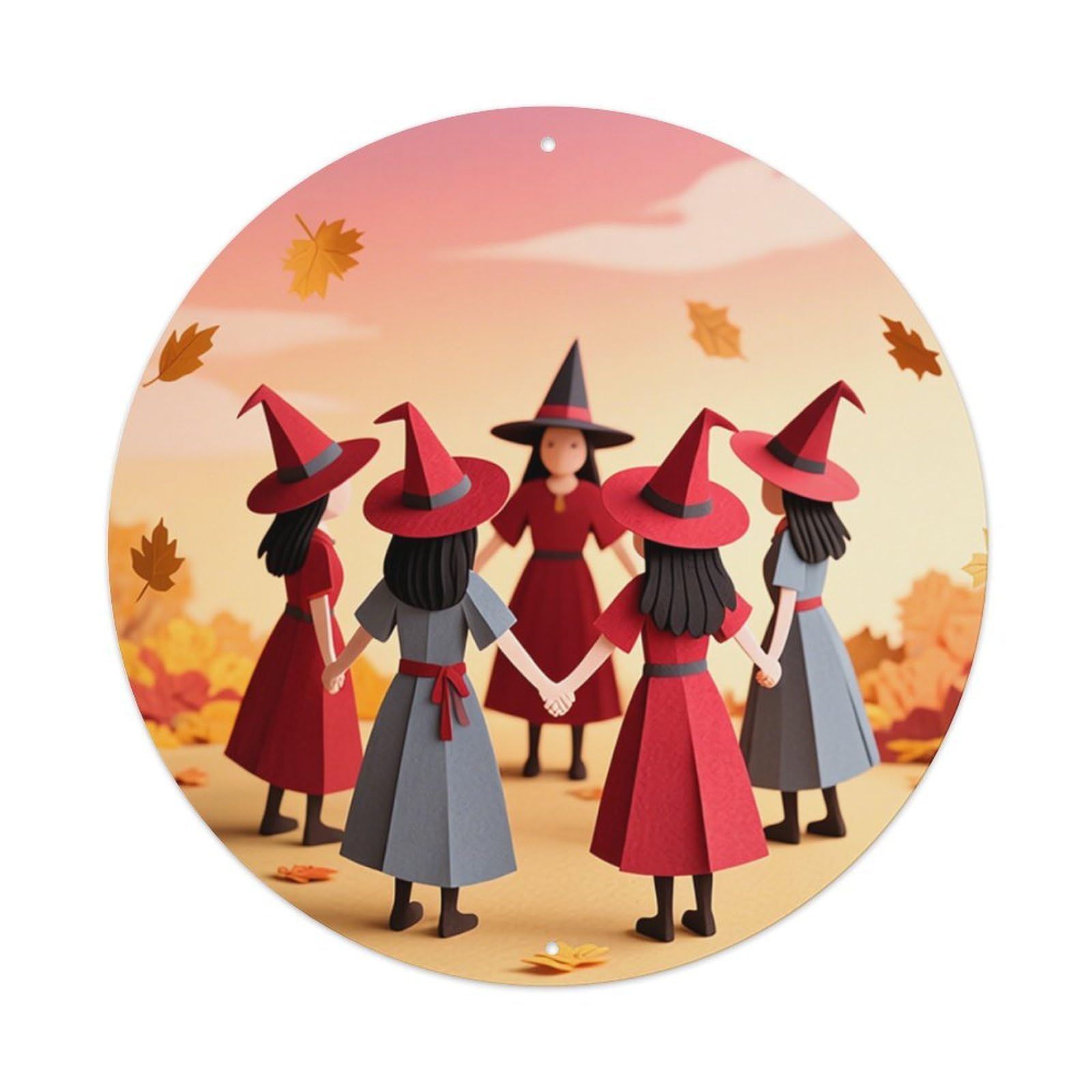 Witches Holding Hands Autumn Leaves Tin Sign Metal Poster Vintage Metal Signs for Home Man Cave Bar Cafe Kitchen laundry room Wall Decorations 8x8 inches