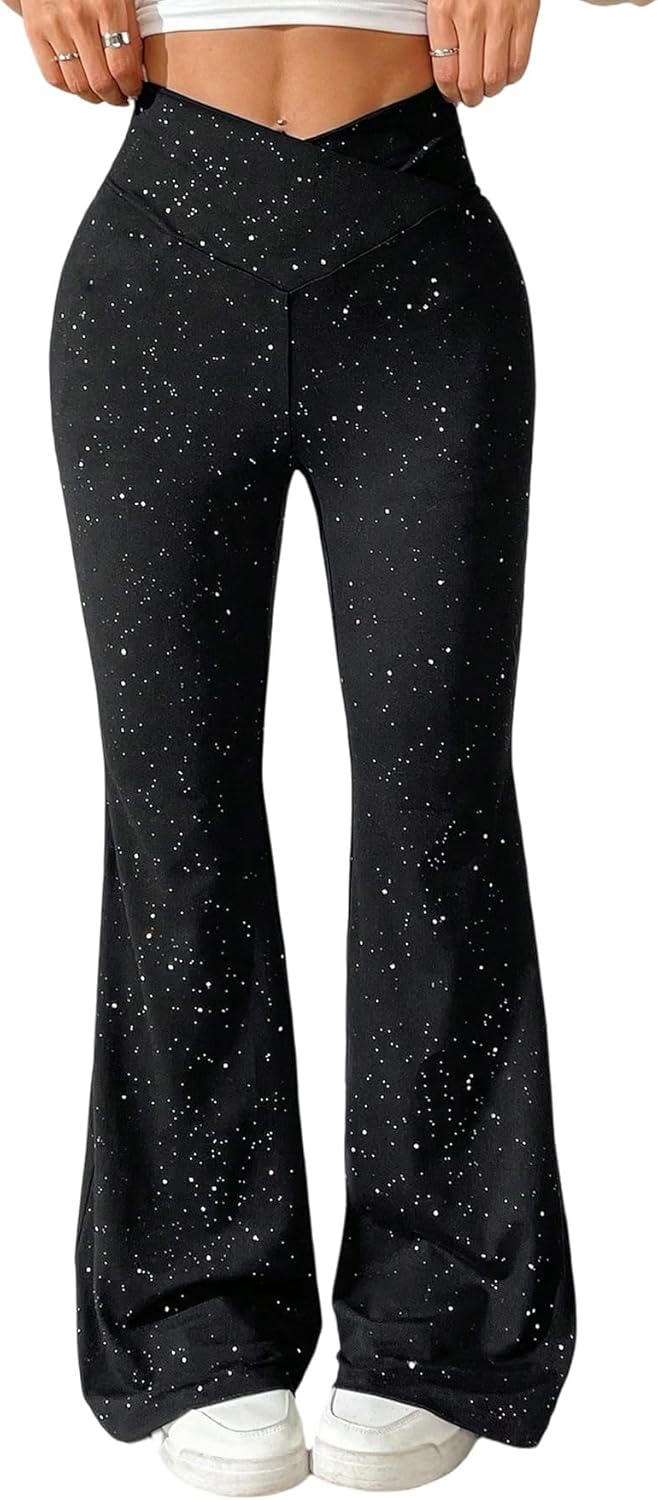 SOLY HUX Dameslegging, elegante legging, broek met glitter, elastische hoge taille, vrijetijdsbroek, kleurblok, damesbroek, feestoutfit, zwart, XL