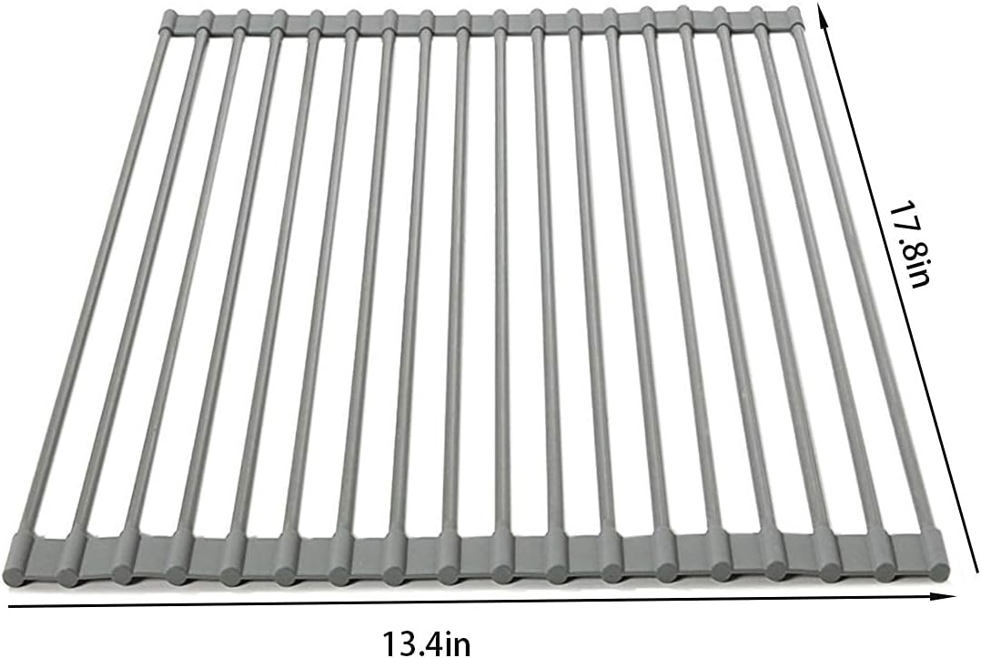 Ahyuan Large Roll up Dish Drying Rack Silicone Foldable Rack Over Sink Dishes Drainer Roll-up Sink Drying Racks Full Silicone Coated Stainless Still Dish Drying Rack (Warm Grey, 17.7''X13.13'')