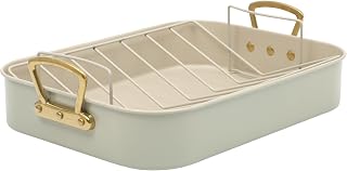 Gibson Home Broxton Nonstick Roaster Pan with Rack 16x12 Inch Mint Green Turkey Roaster Oven Safe Gold Handles