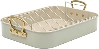 Gibson Home Broxton 2-Piece Nonstick Roaster Pan with Rack – 16 x 12 Inch Mint Green Turkey Roasting Pan with Cast Aluminum Gold Handles – Oven-Safe, Easy-Clean, Holiday Cookware