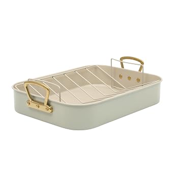 Gibson Home Broxton 2-Piece Nonstick Roaster Pan with Rack 16 x 12 Inch Mint Green Turkey Roasting Pan with Cast Aluminum Gold Handles Oven-Safe, Easy-Clean, Holiday Cookware