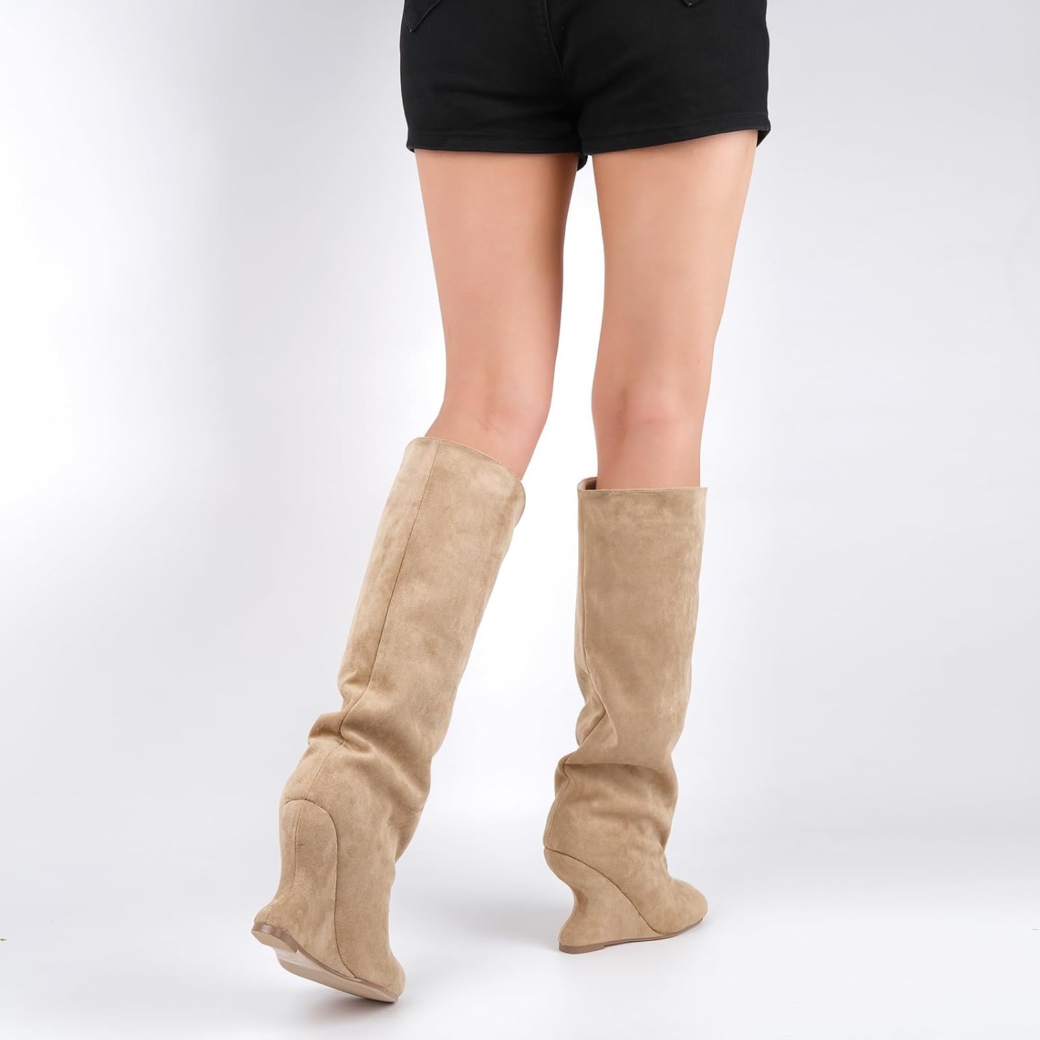 sexytag Slouchy Square Closed Toe Suede Knee High Boots Inverted Wedge Heel Pull On Tall Boots