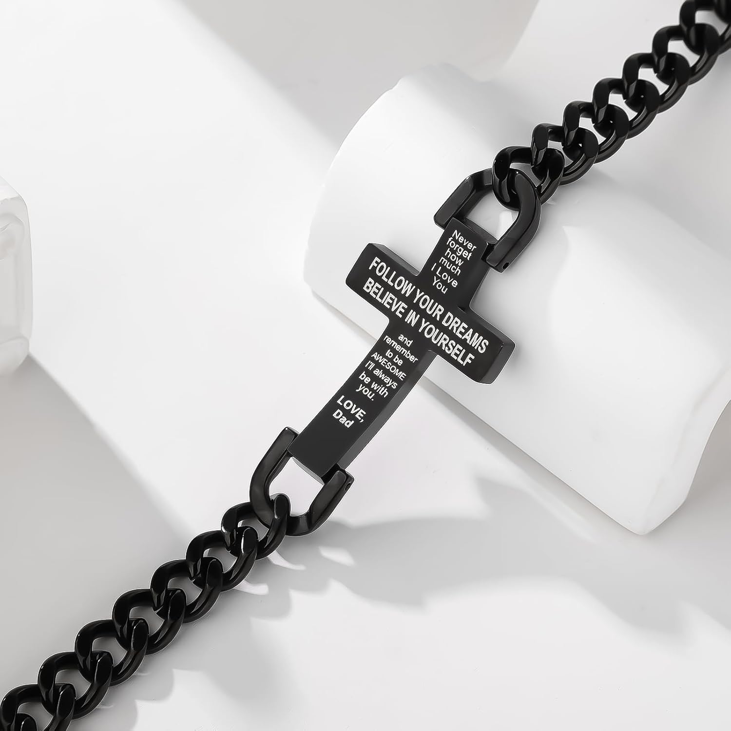 Saintda American Flag Cross Bracelet for Men Women, Bible Verse Jesus Bracelets Black Stainless Steel Cuban Chain Adjustable Christian Baptism Religious Jewelry Gift for Him - Image 6