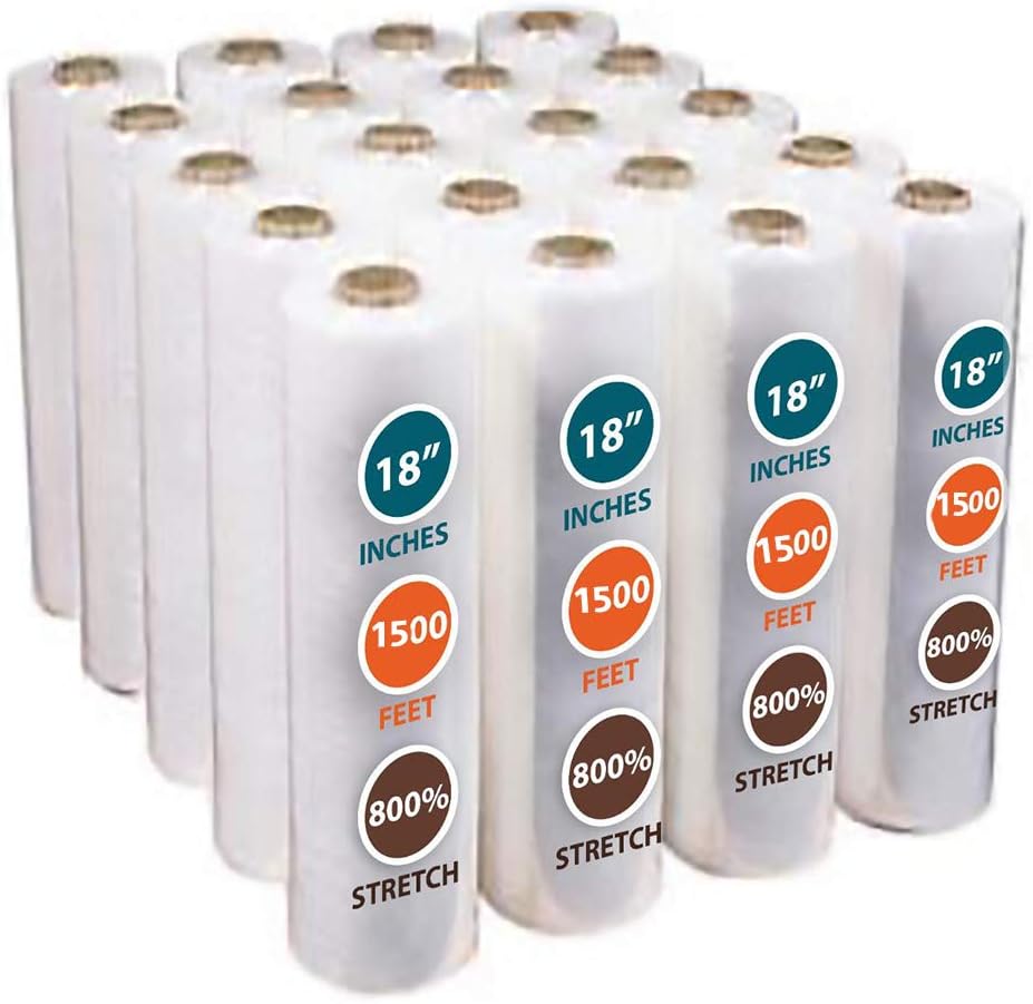 4 Rolls 18" x 1500 Ft Stretch Wrap Heavy Duty, Industrial Strength Shrink Wrap, 55 Gauge High Performance Stretch Film Replaces 80 Gauge Low Films, Clear Hand Stretch Wrap