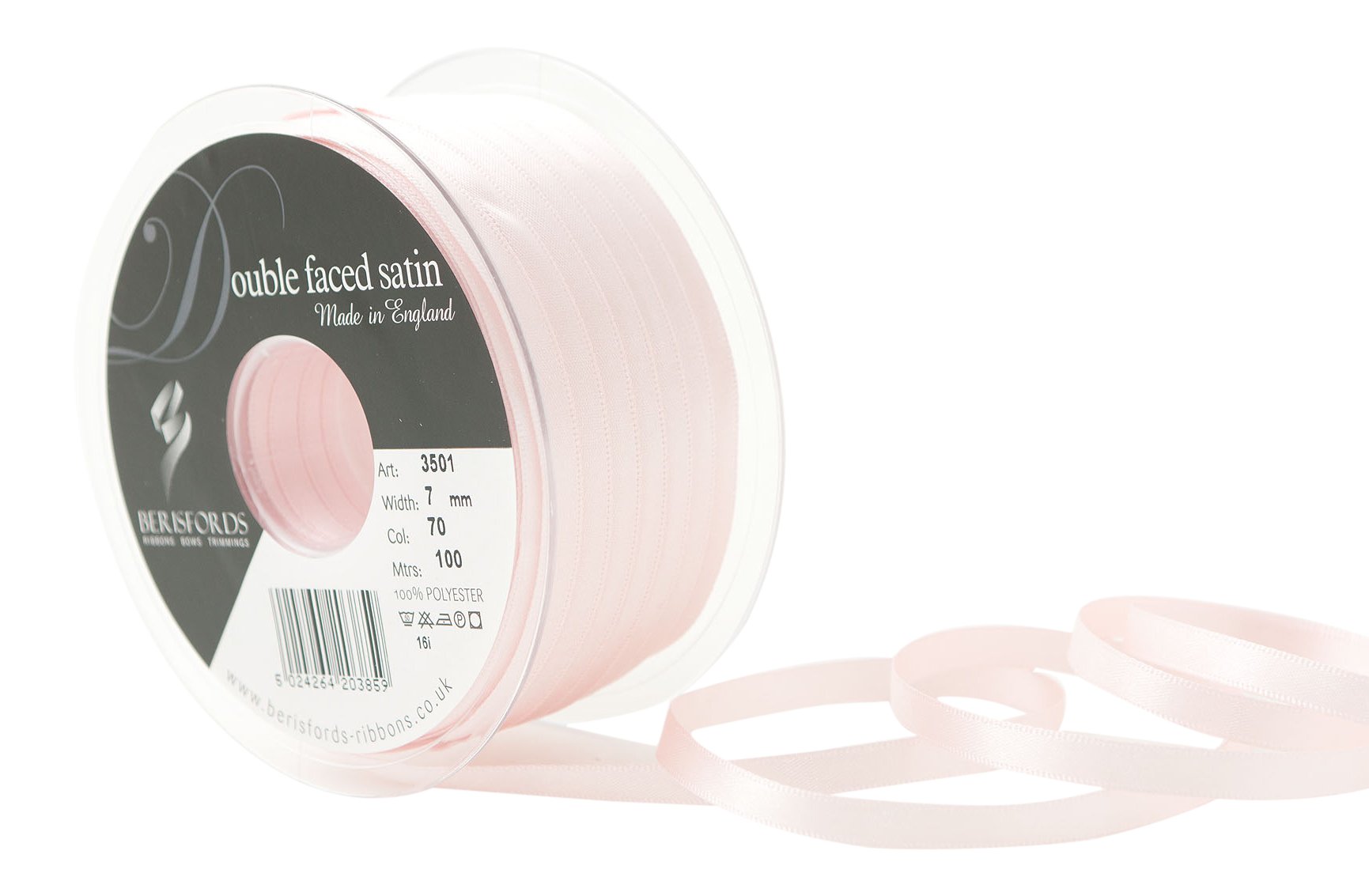 Berisfords Double FACE Poly Satin, Polyester, Pale Pink, 10.4 x 10.4 x 1.3 cm