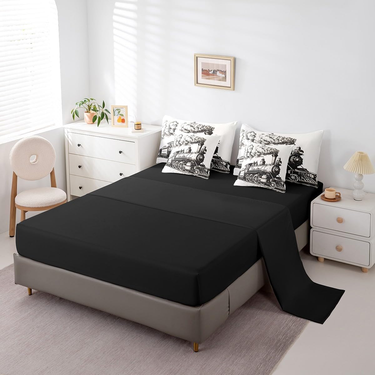 Erosebridal 7Pcs Train Bed in A Bag Twin Size Steam Engine Train Bedding Sets for Kids Boys Girls Teens Retro Vintage Trains Sheets Set with Comforter