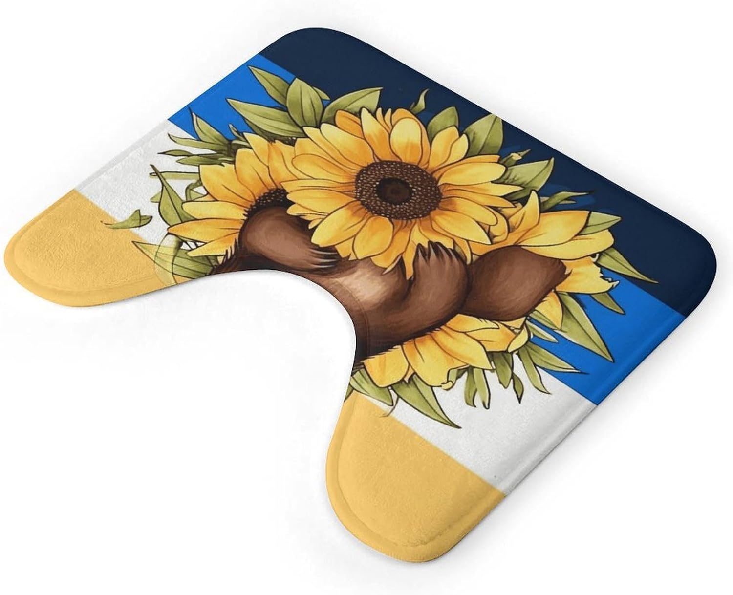 Cartoon Sloth Sitting on Sunflower U-Shaped Toilet Mat Non-Slip Bath Rug Soft Absorbent Microfiber Coral Velvet Floor Mat for Toilet Base, Machine Washable Bathroom Decor 20x16 Inch