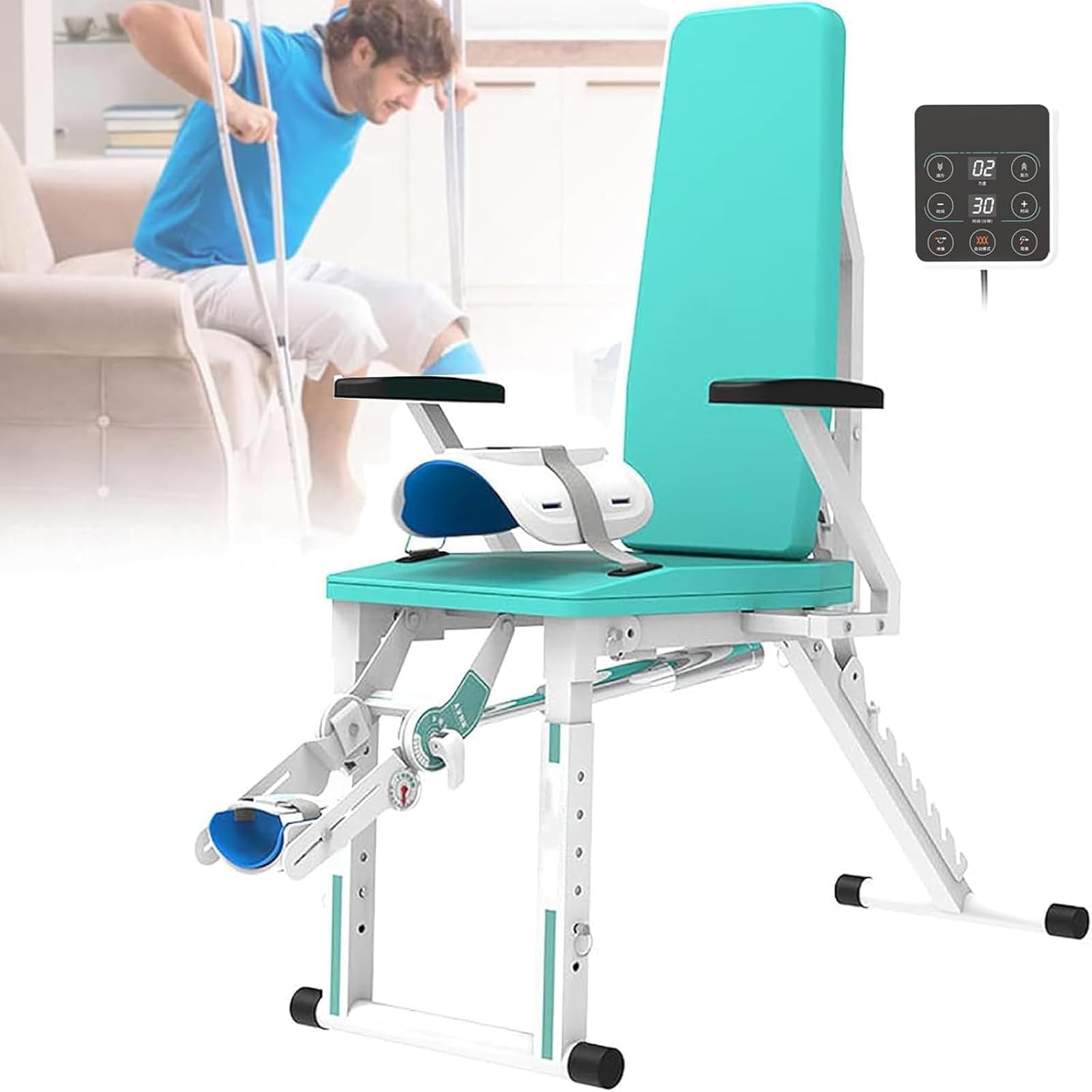Trener rehabilitacji kolana – urządzenie elektryczne z regulowaną płytką kątową i pilotem zdalnego sterowania, przedłużenie 10°-150°, 9 poziomów intensywności, oparcie w zestawie