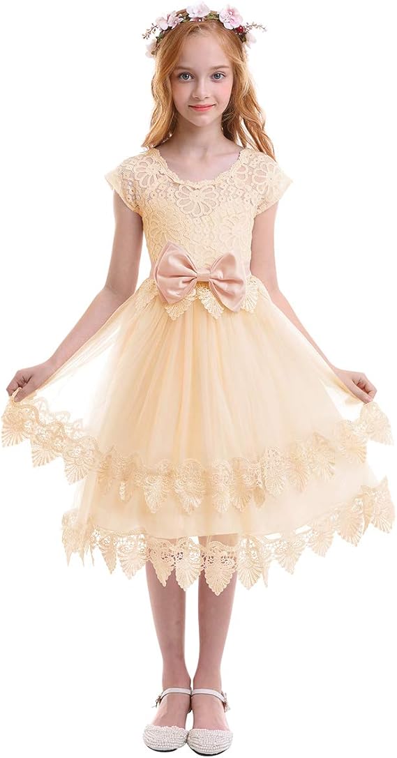 Kids Flower Girl Dress Floral Lace Tulle Dresses Lace Up Bridesmaid