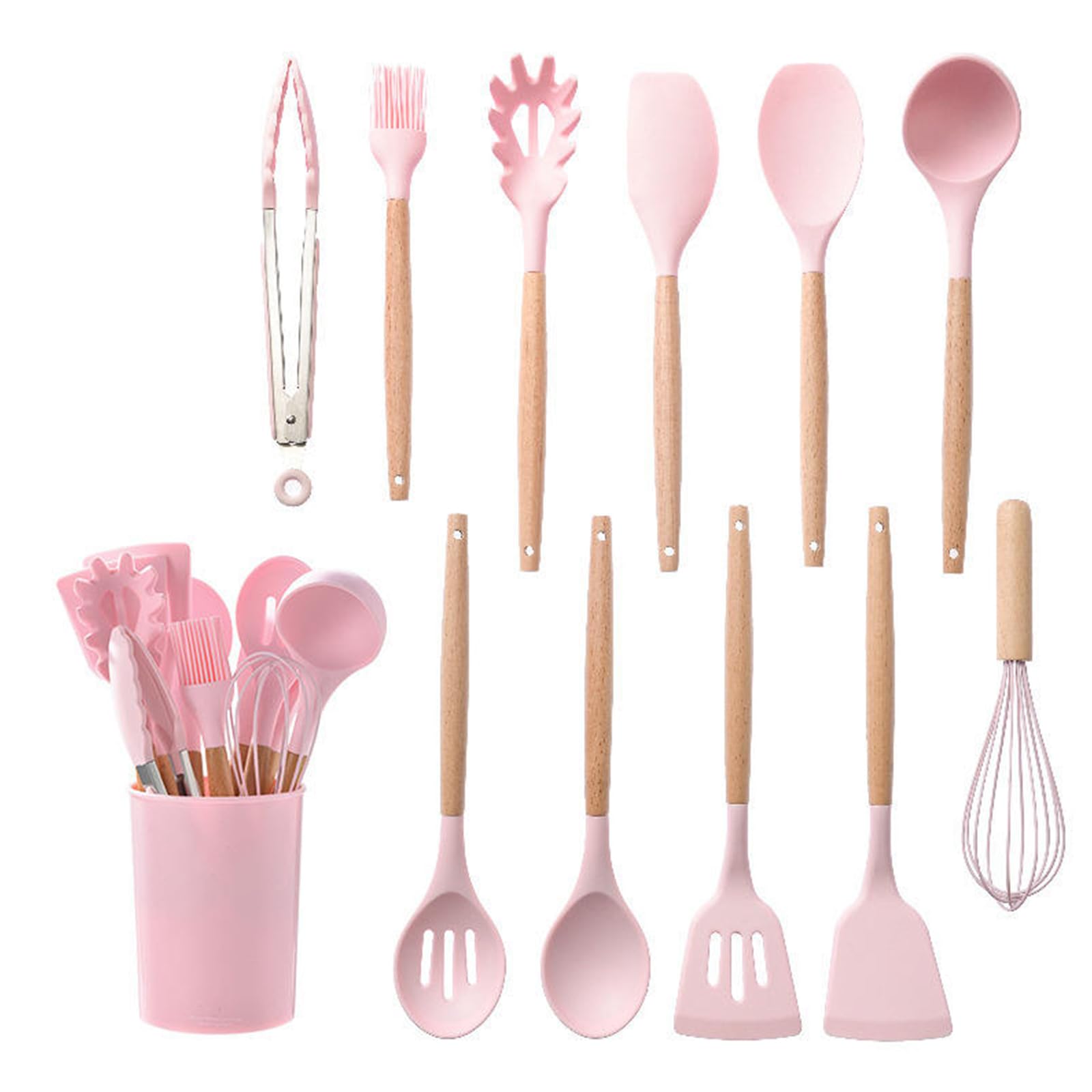12 Piece Silicone Kitchen Utensils Set, Wooden Handle Cooking Utensils with Holder, Food Grade BPA Free Heat Resistant 230°C Non-Stick Safe Utensil Set for Cooking Baking - Pink