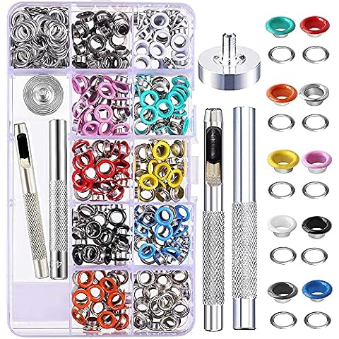 Grommet Eyelets, 500 Sets 5mm Eyelets Grommet Kit, Grommet Tool Kit, Tarpaulin Repair Kit, 10 Colors Metal Eyelets with 3 Grommet Setting Tool for Shoes, Clothing, Bag, Canvas, DIY Crafts - Style C Cover