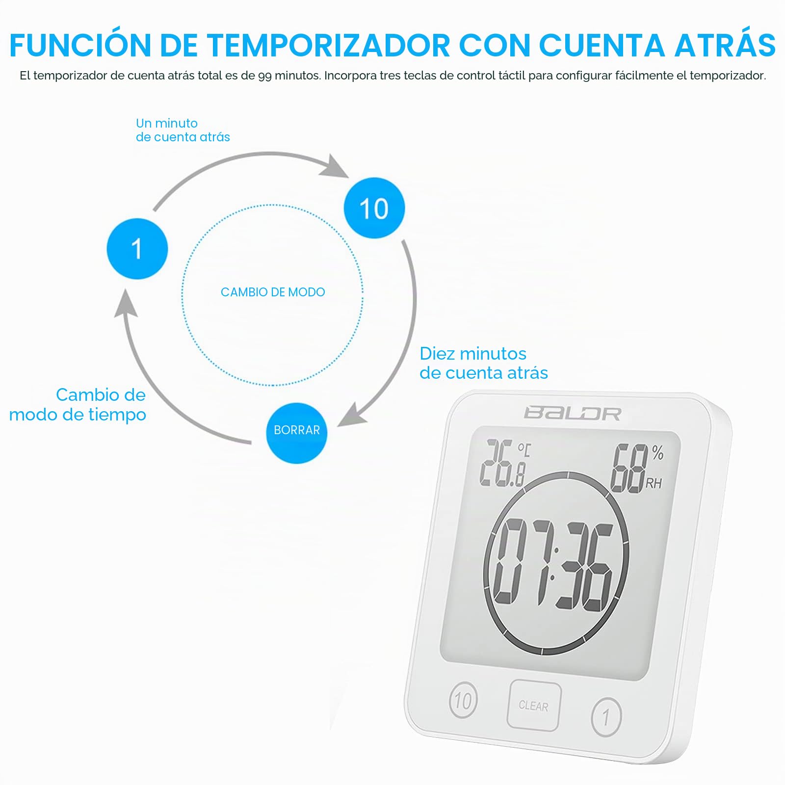 ZONJIE Reloj de baño – Reloj de ducha impermeable para baño, temporizador de ducha digital, reloj de baño con ventosa, indicador de temperatura y humedad, reloj de pared táctil para ducha (blanco)