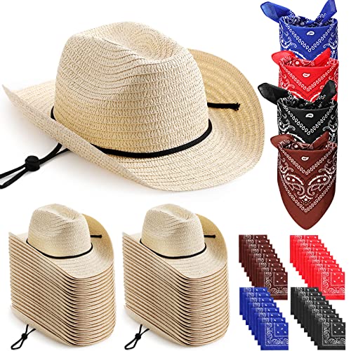 Image of Coume 36 Set Straw Cowboy Hats with Bandana Include 36 Cowboy Party Hats 36 Western Scarf in 4 Color for Cosplay Accessories