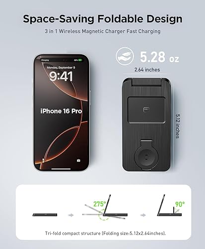 Miniatura 3 de Estación de carga magnética inalámbrica 3 en 1 para iPhone cargador portátil plegable para iPhone 17-12 Pro Max y Apple Watch y AirPods, para Apple