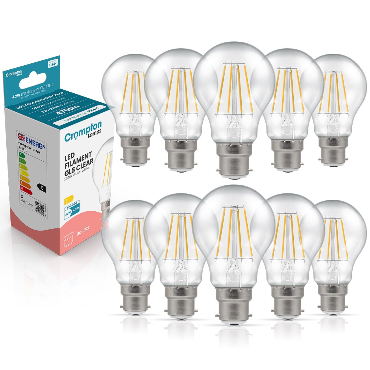 Crompton Lamps Filament GLS LED Light Bulb BC-B22d | 4.2W = 40W Equivalent | Warm White 2700K | Energy Efficient | Bayonet Lightbulb | Long Life 10,000-Hrs | Clear Glass | Dimmable | 10-Pack