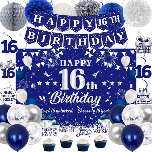 Image of 16th Birthday Decorations for Boys Girls, Blue Silver Sweet 16th Birthday Party Decorations, Happy 16th Birthday Backdrop, Banner, Balloons, Pompoms, Hanging Swirls, Birthday Card, Cake Topper 54pcs