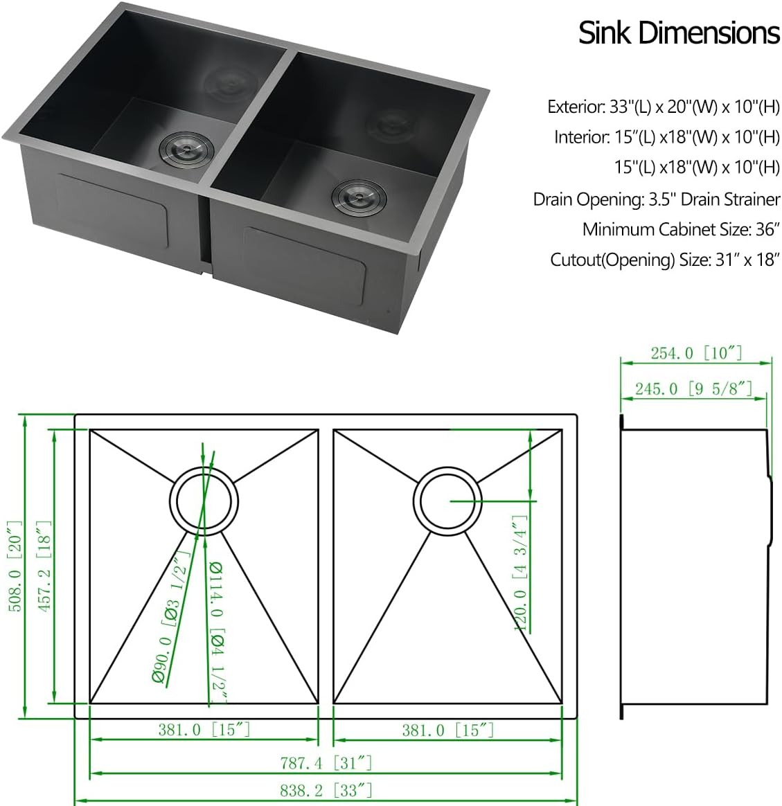 33 Undermount Gunmetal Black Double Bowl Kitchen Sink, Luckyhorse 33x20x10 Inches Gunmetal Back Stainless Steel Undermount Double Bowl Kitchen Sink LH029SQ