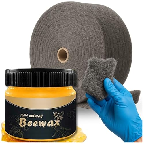 BeeWax Möbelwachs Set mit 1kg Stahlwolle 0+00 & Nitrilhandschuhen – Holzpflege & Möbelpolitur – Natürliches Bienenwachs für Holz, Parkett, Möbel, Türen & Antikmöbel – WOOLTEC