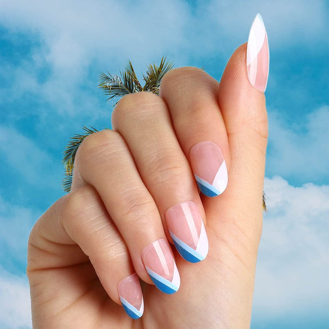 Amazon.com: Florry Press on Nails Short Fake Nails Blue Almond Nails French  Glossy Acrylic Nails for Women and Girls 24PCS (Blue V Shape) : Beauty &  Personal Care