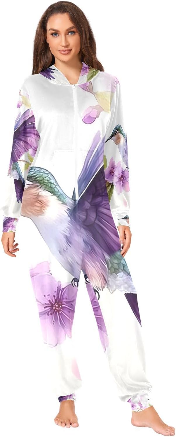 Hummingbird Orchids Purple Flowers Adult Onesie Pajamas for Unisex Novelty One Piece Costume Sleepwear